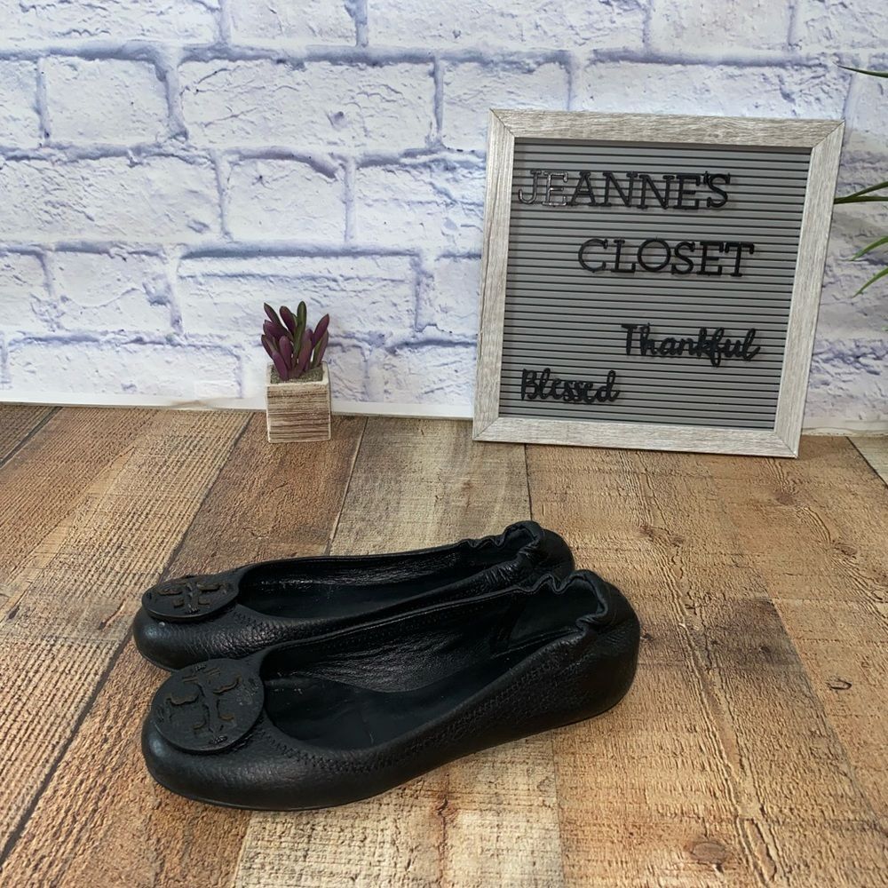 Tory Burch Reva Pebbled Black Leather Ballet Flats